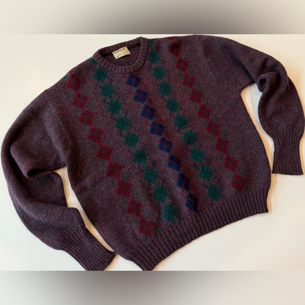 The Moors Men’s XL Shetland Wool Argyle Sweater Spun In Scotland Maroon *FLAW
